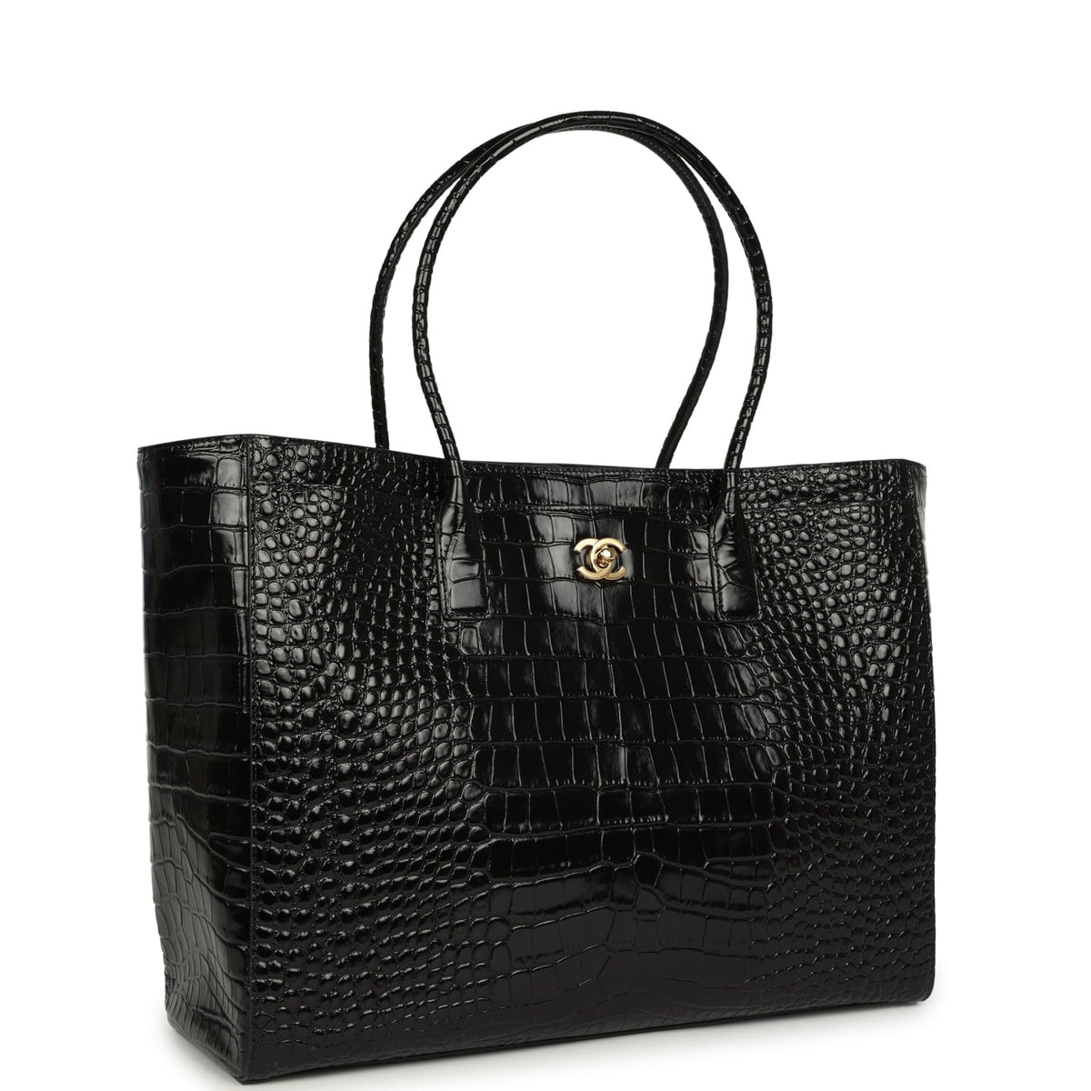 Chanel Large Cerf Shopping Bag Black Croc Embossed Calfskin Gold Hardware