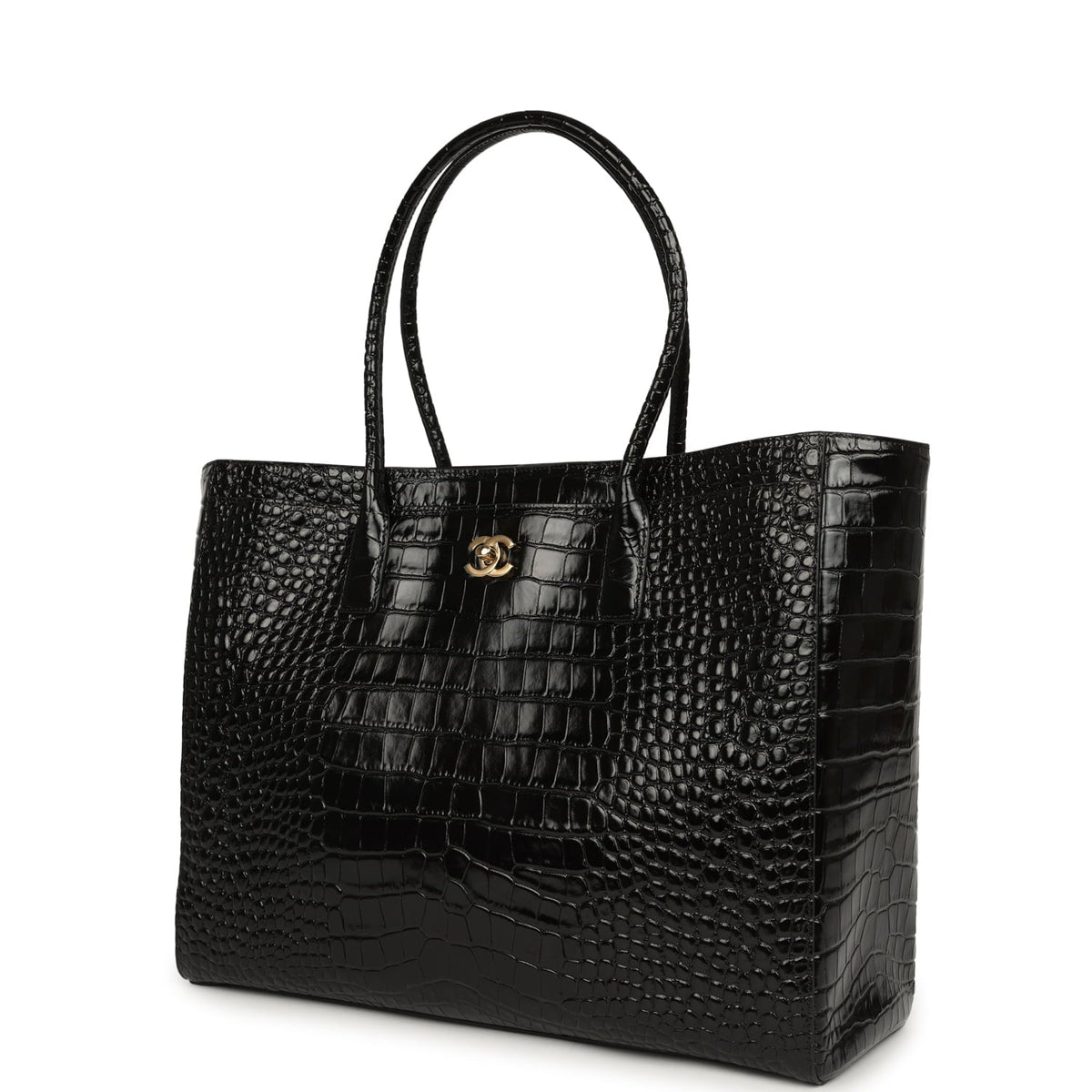 Chanel Large Cerf Shopping Bag Black Croc Embossed Calfskin Gold Hardware