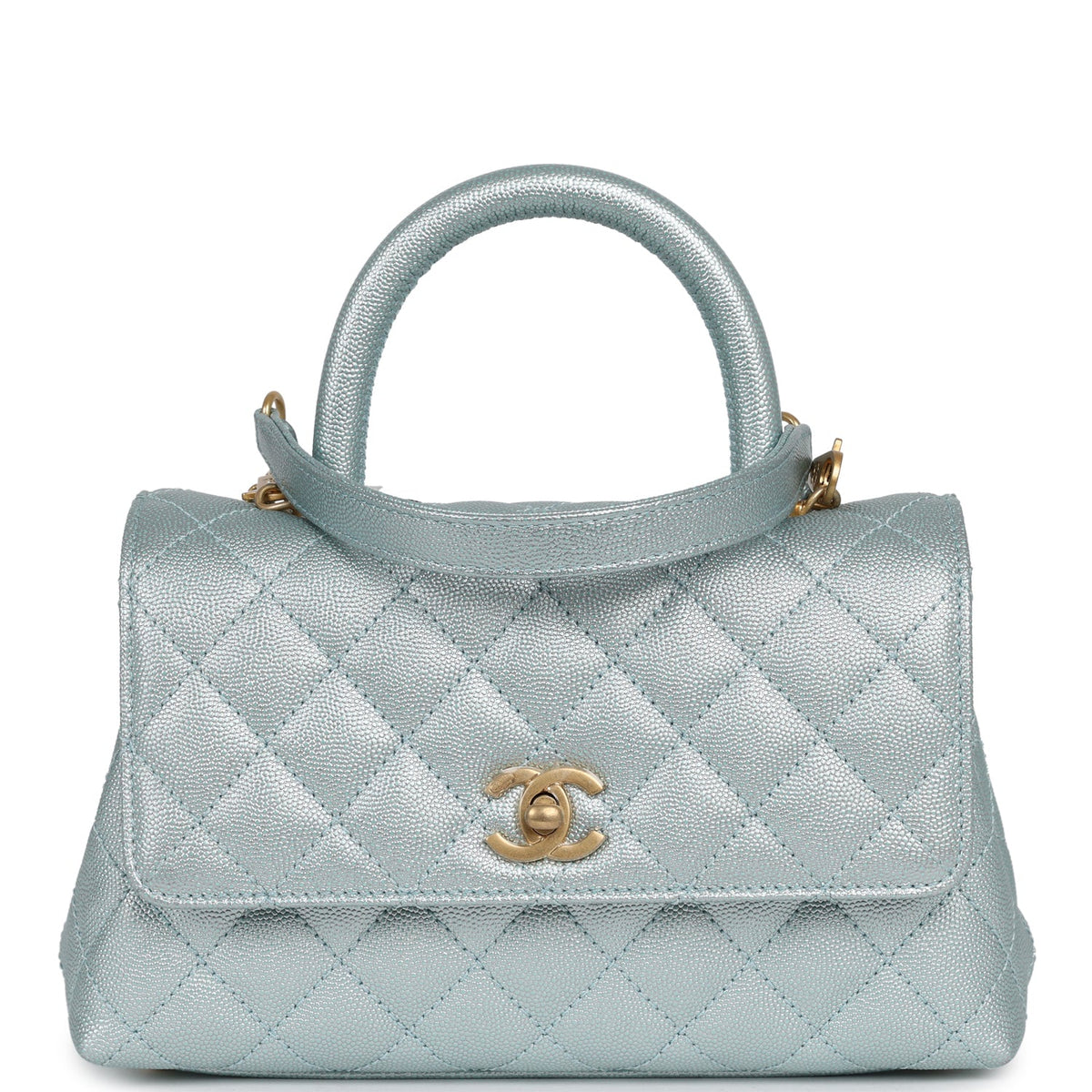 Chanel Small Coco Handle Flap Bag Light Blue Iridescent Caviar Antique Gold Hardware