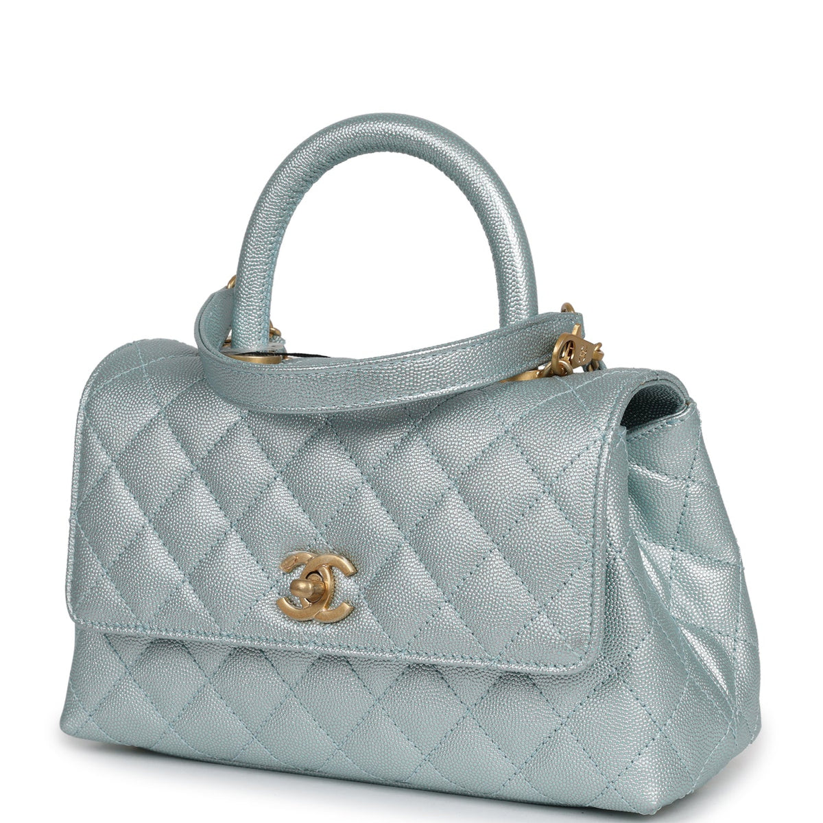 Chanel Small Coco Handle Flap Bag Light Blue Iridescent Caviar Antique Gold Hardware