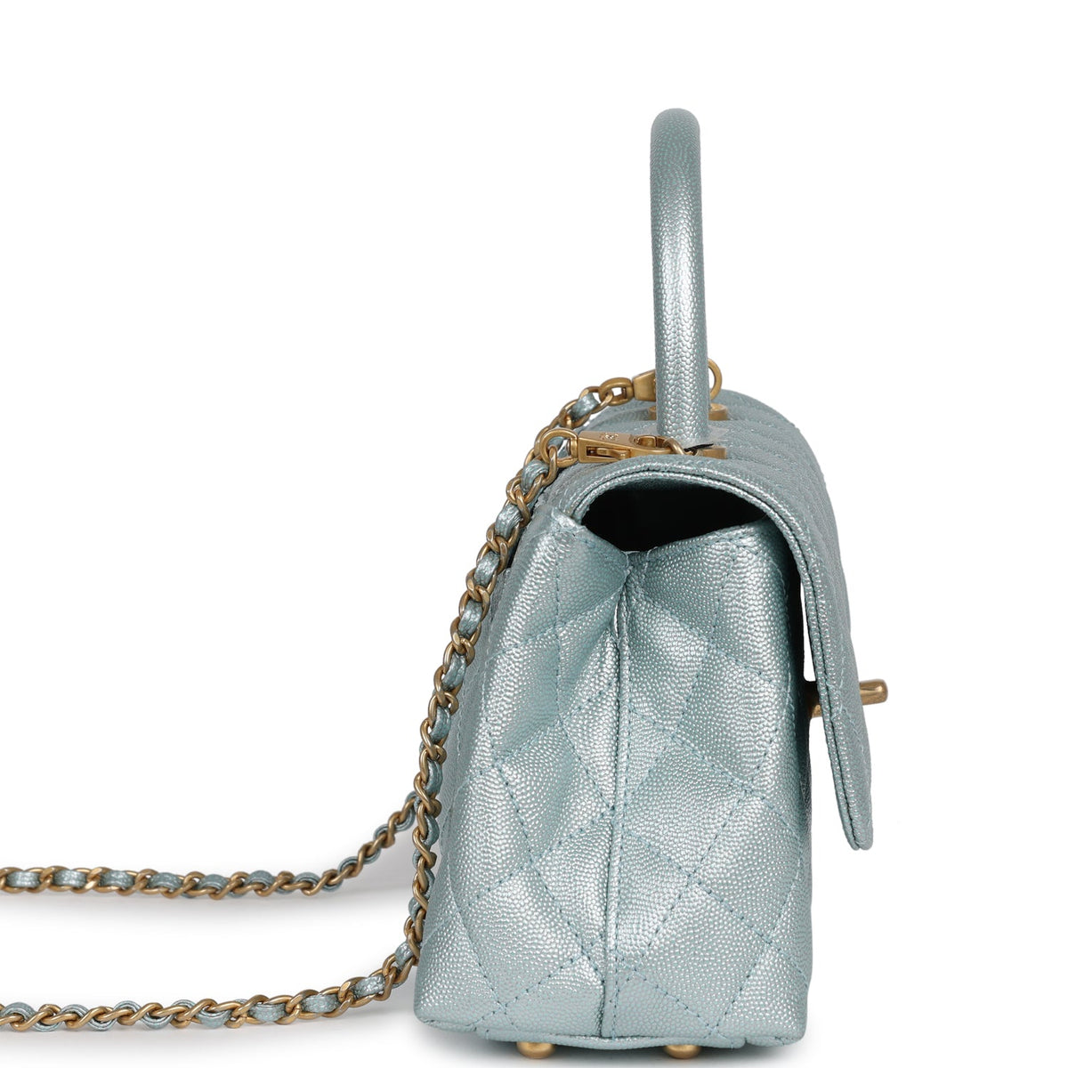 Chanel Small Coco Handle Flap Bag Light Blue Iridescent Caviar Antique Gold Hardware