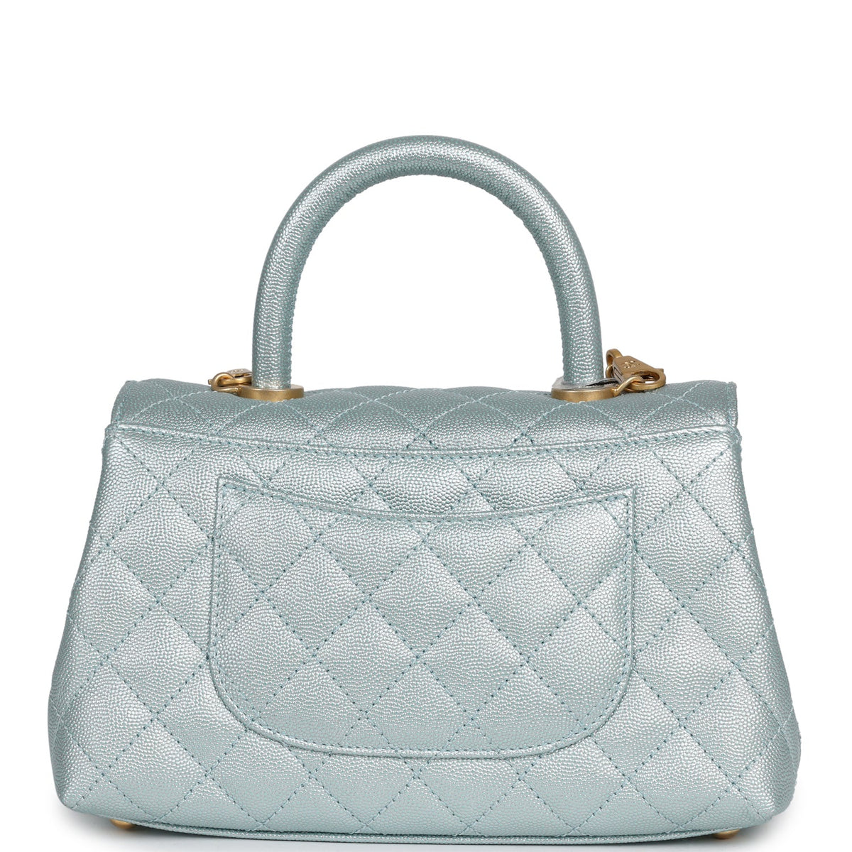 Chanel Small Coco Handle Flap Bag Light Blue Iridescent Caviar Antique Gold Hardware