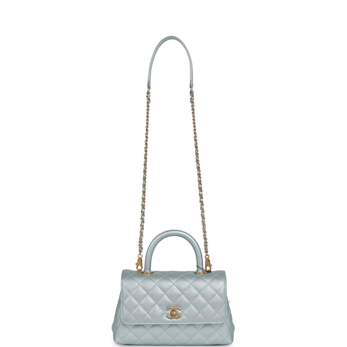 Chanel Small Coco Handle Flap Bag Light Blue Iridescent Caviar Antique Gold Hardware