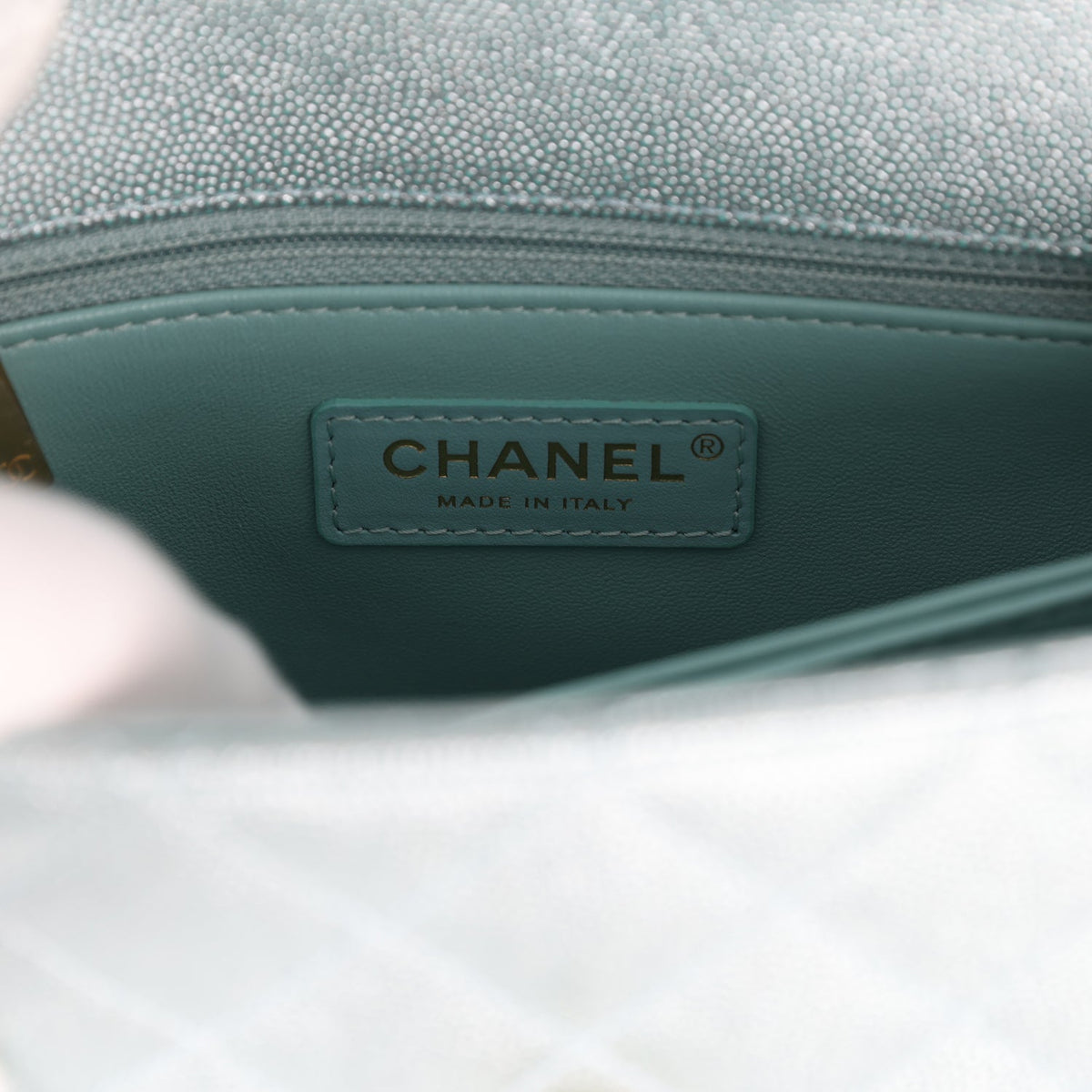 Chanel Small Coco Handle Flap Bag Light Blue Iridescent Caviar Antique Gold Hardware