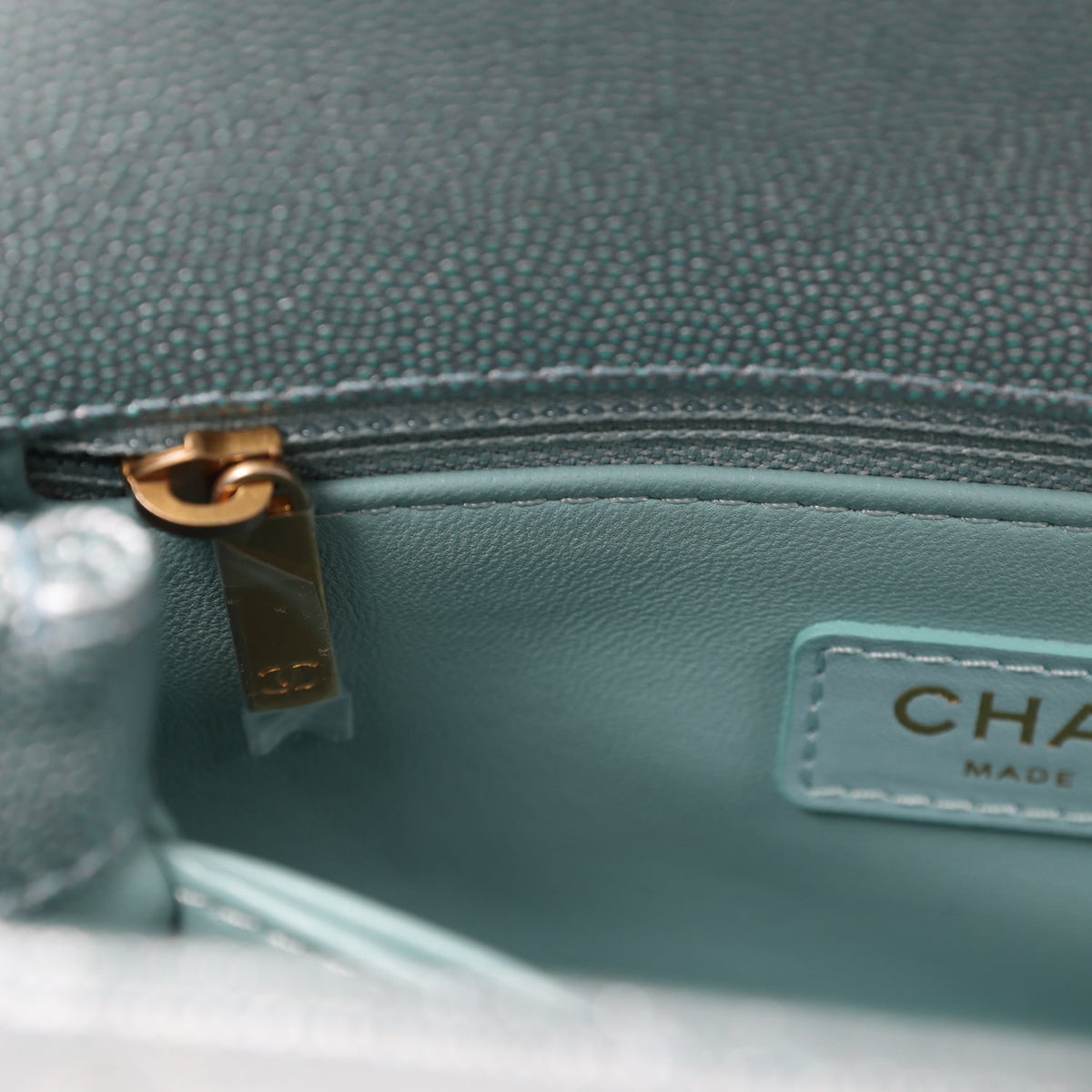 Chanel Small Coco Handle Flap Bag Light Blue Iridescent Caviar Antique Gold Hardware