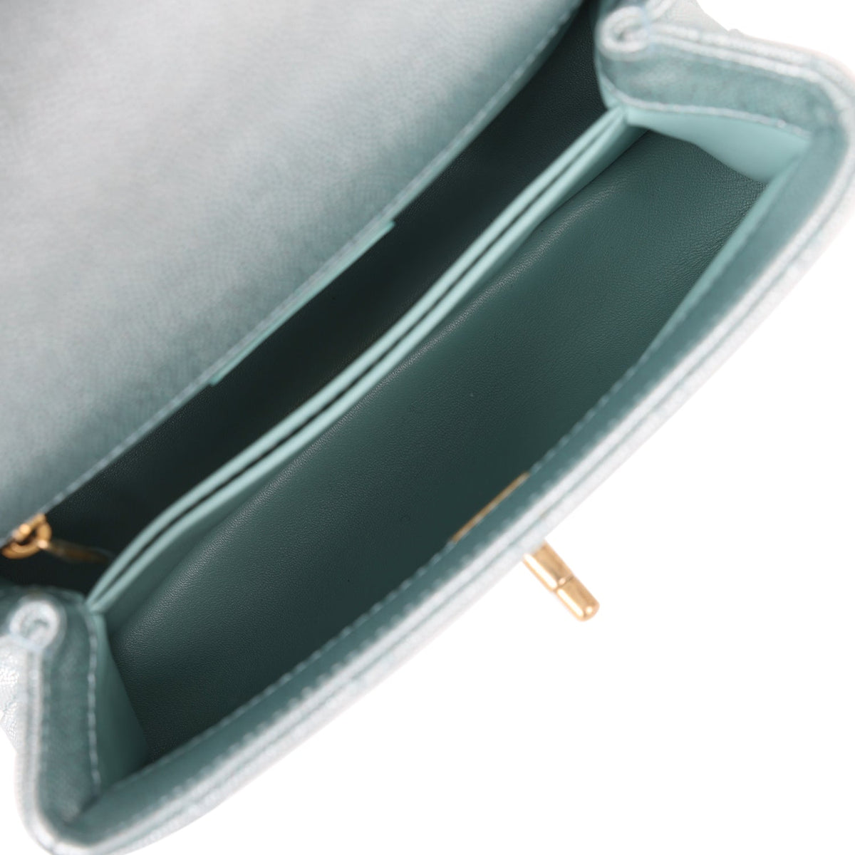Chanel Small Coco Handle Flap Bag Light Blue Iridescent Caviar Antique Gold Hardware