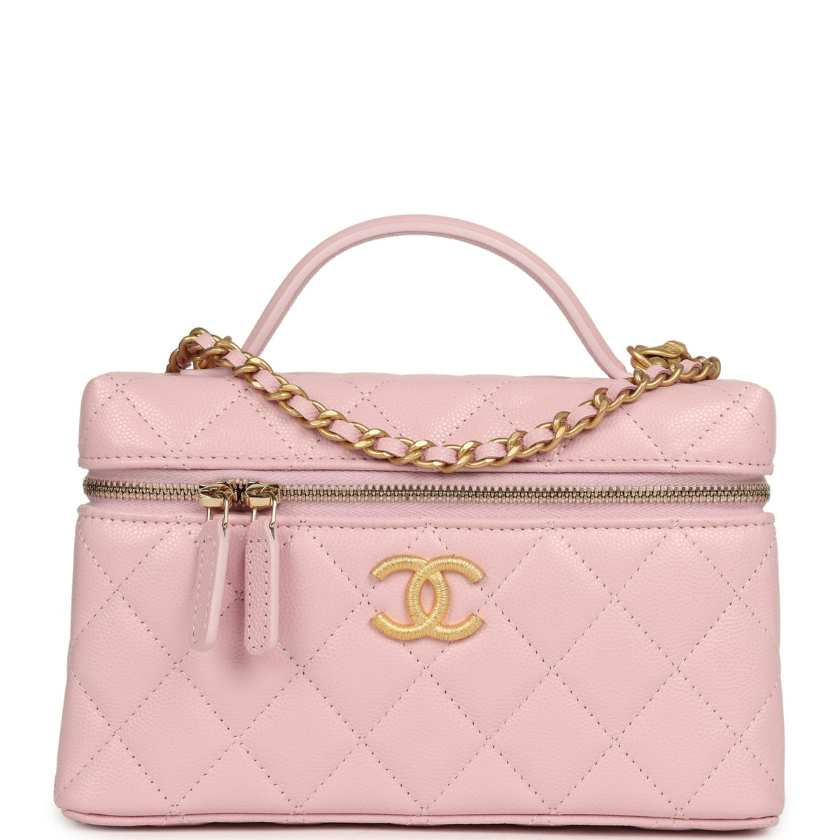 Chanel Top Handle Long Vanity Case with Chain Light Pink Shiny Caviar Brushed Gold Hardware