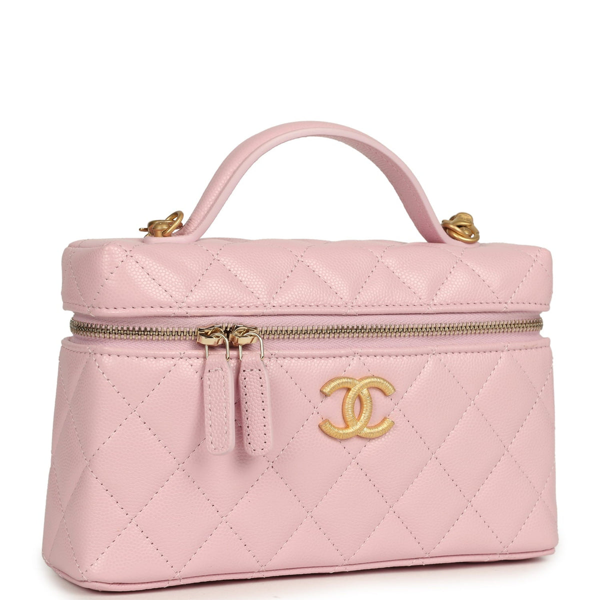 Chanel Top Handle Long Vanity Case with Chain Light Pink Shiny Caviar Brushed Gold Hardware