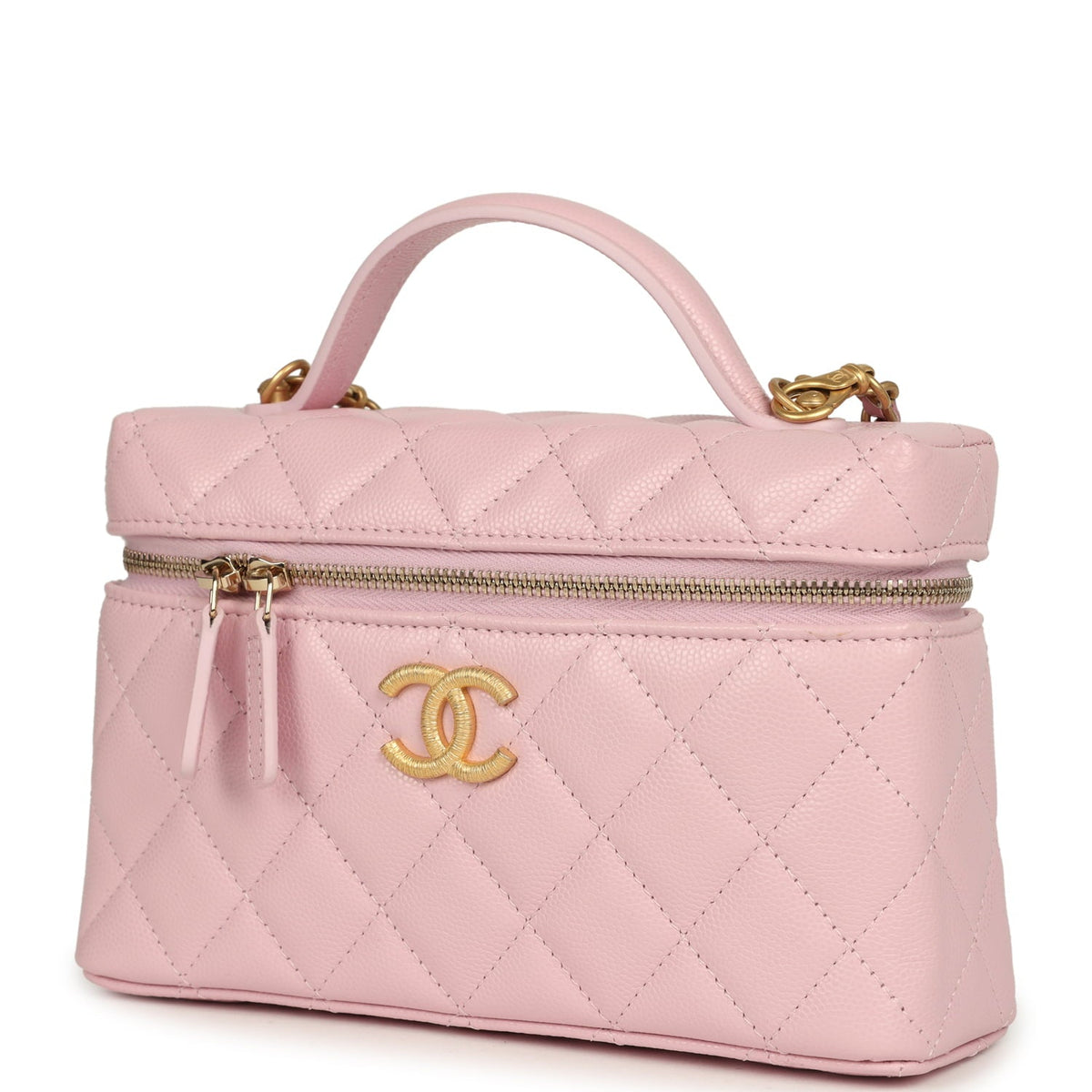 Chanel Top Handle Long Vanity Case with Chain Light Pink Shiny Caviar Brushed Gold Hardware