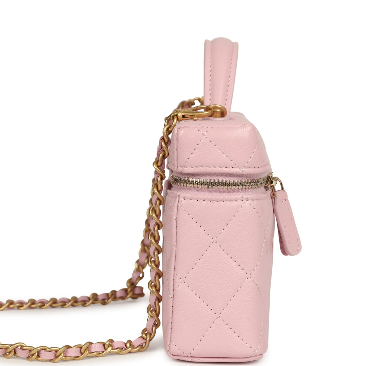 Chanel Top Handle Long Vanity Case with Chain Light Pink Shiny Caviar Brushed Gold Hardware