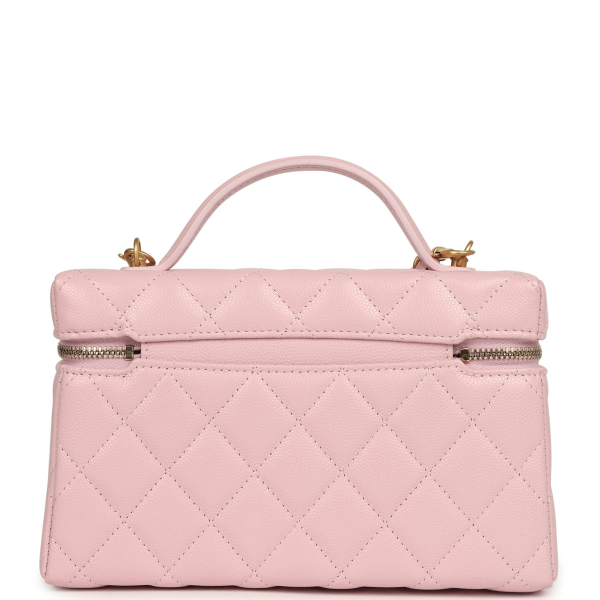 Chanel Top Handle Long Vanity Case with Chain Light Pink Shiny Caviar Brushed Gold Hardware