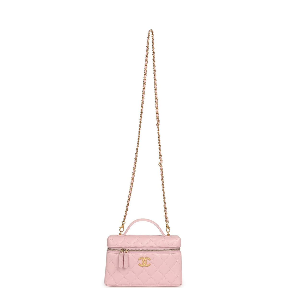 Chanel Top Handle Long Vanity Case with Chain Light Pink Shiny Caviar Brushed Gold Hardware