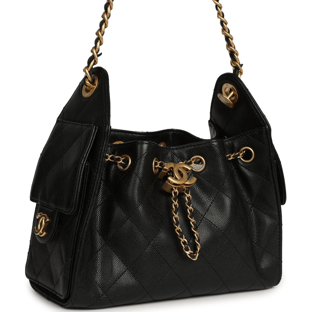 Pre-owned Chanel Mini 25 Hobo Bag Black Caviar Antique Gold Hardware
