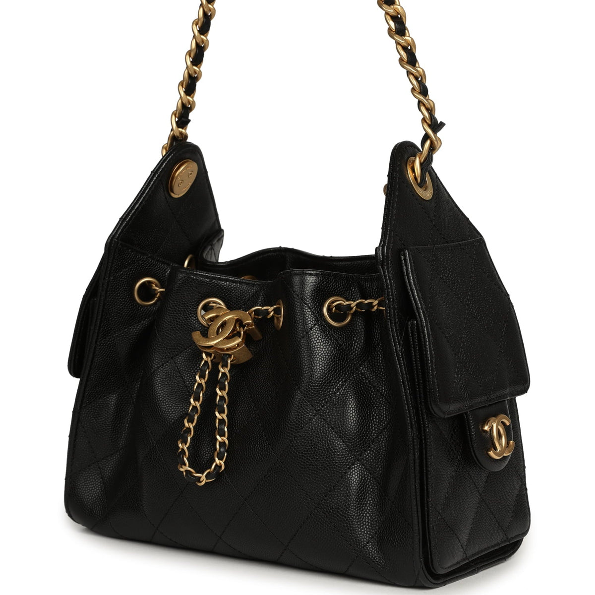 Pre-owned Chanel Mini 25 Hobo Bag Black Caviar Antique Gold Hardware