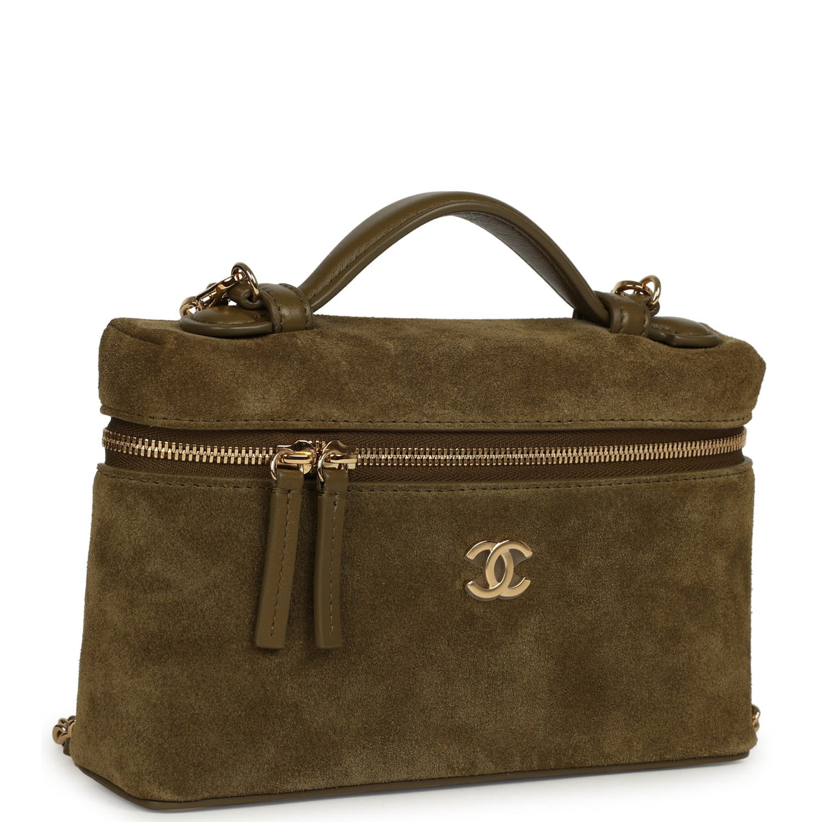 Chanel Top Handle Long Vanity Case with Chain Dark Khaki Suede Gold Hardware