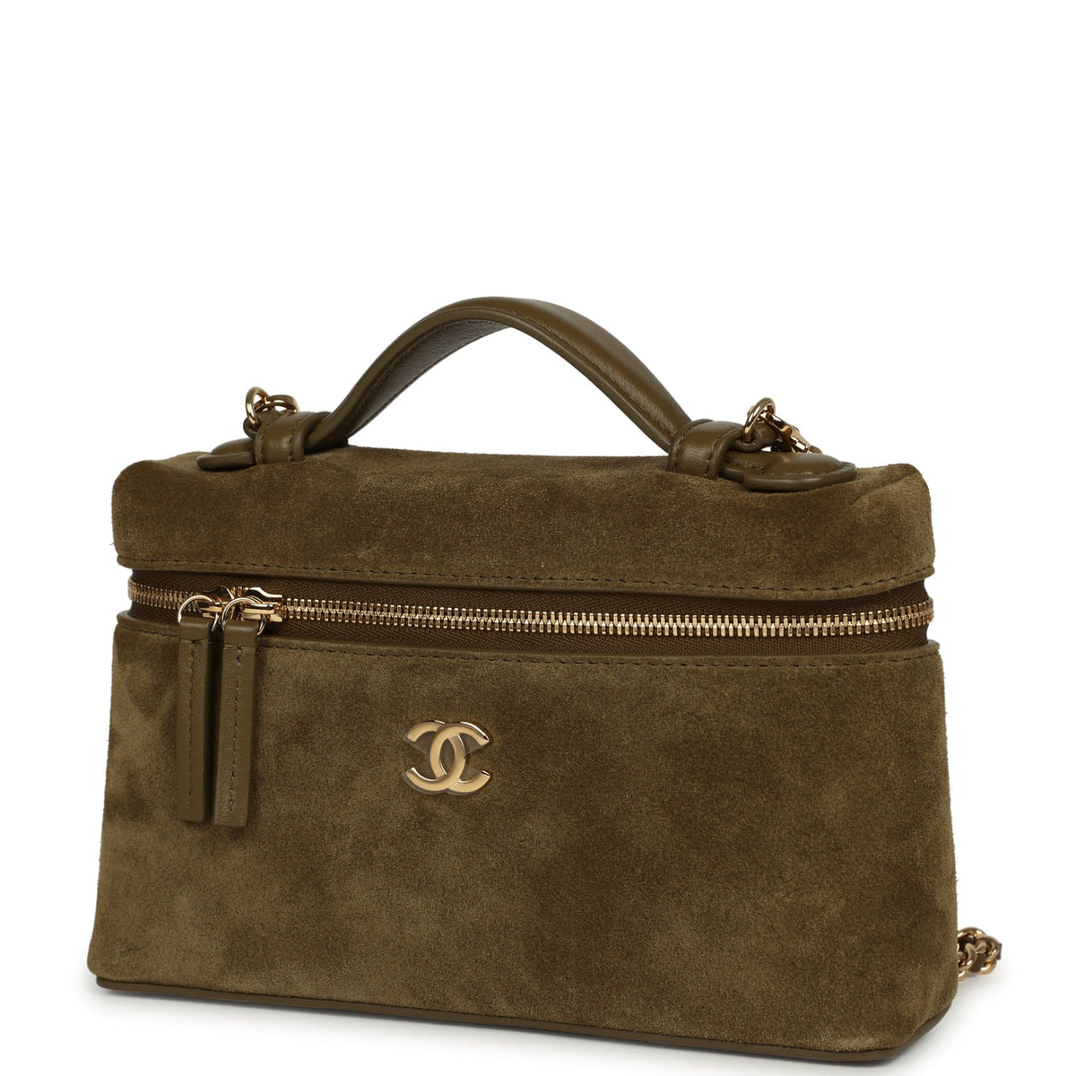 Chanel Top Handle Long Vanity Case with Chain Dark Khaki Suede Gold Hardware