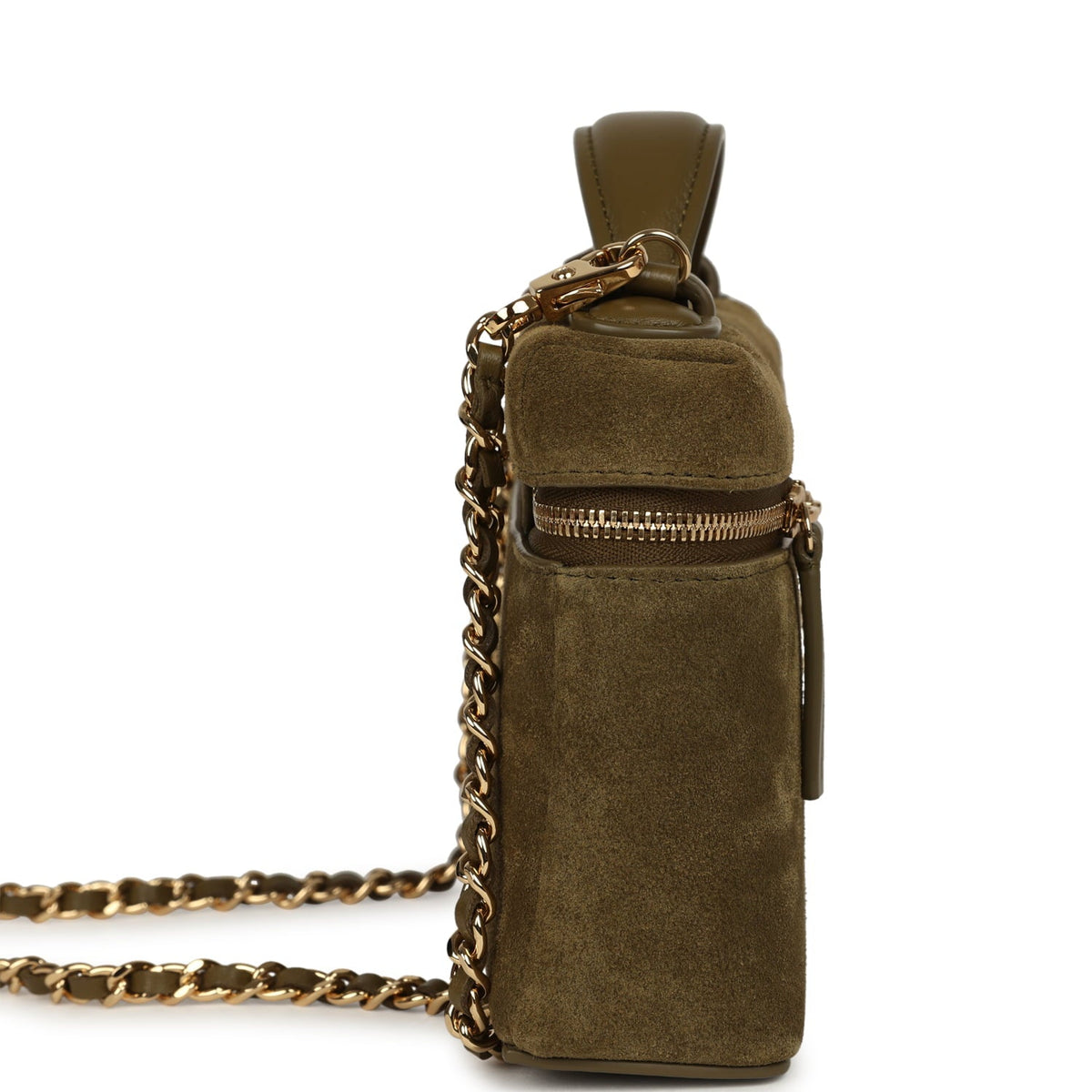 Chanel Top Handle Long Vanity Case with Chain Dark Khaki Suede Gold Hardware