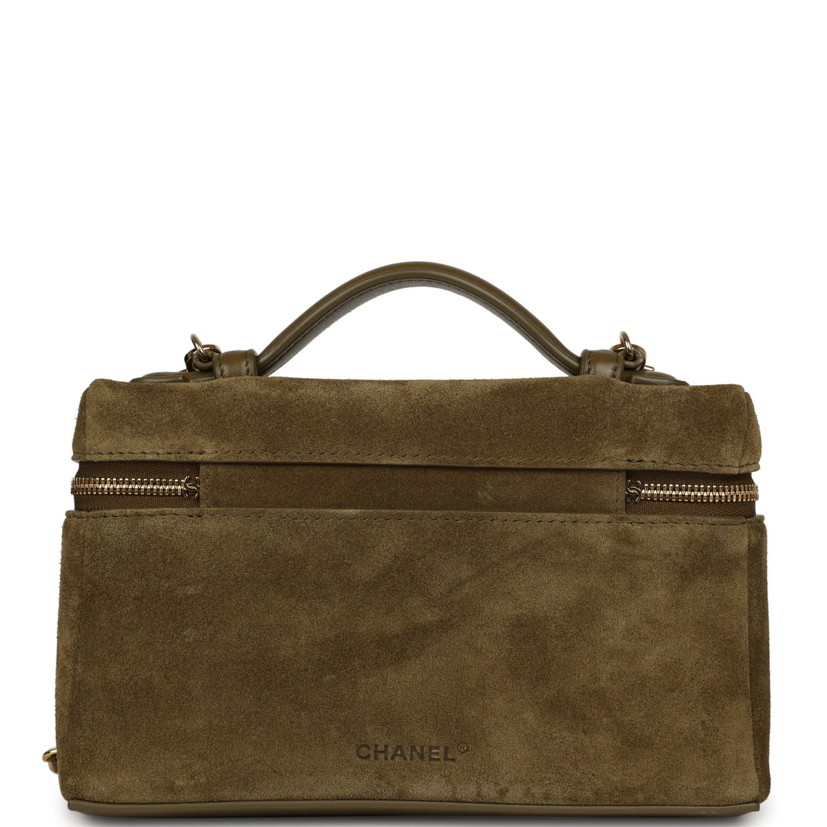Chanel Top Handle Long Vanity Case with Chain Dark Khaki Suede Gold Hardware