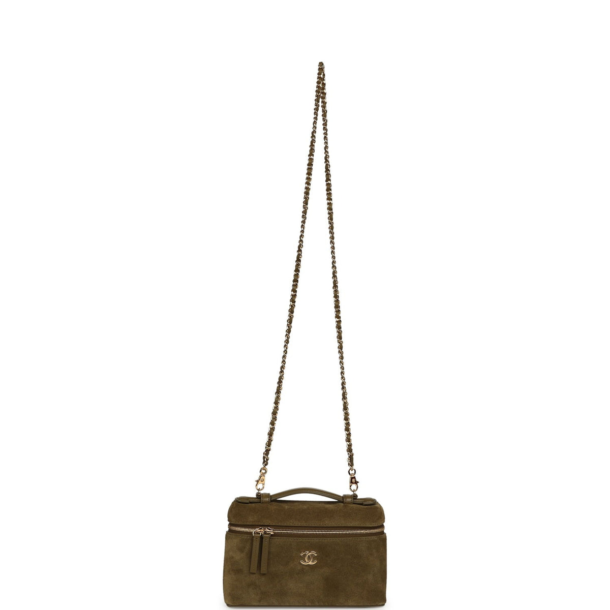 Chanel Top Handle Long Vanity Case with Chain Dark Khaki Suede Gold Hardware