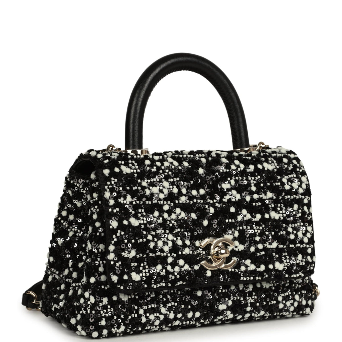 Chanel Mini Coco Handle Flap Bag Black, White Sequin, Beaded Light Gold Hardware
