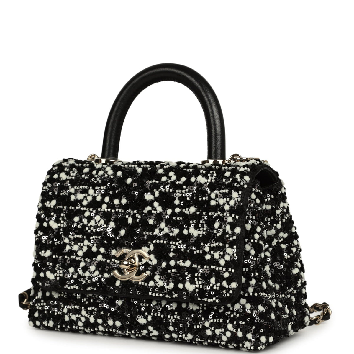 Chanel Mini Coco Handle Flap Bag Black, White Sequin, Beaded Light Gold Hardware