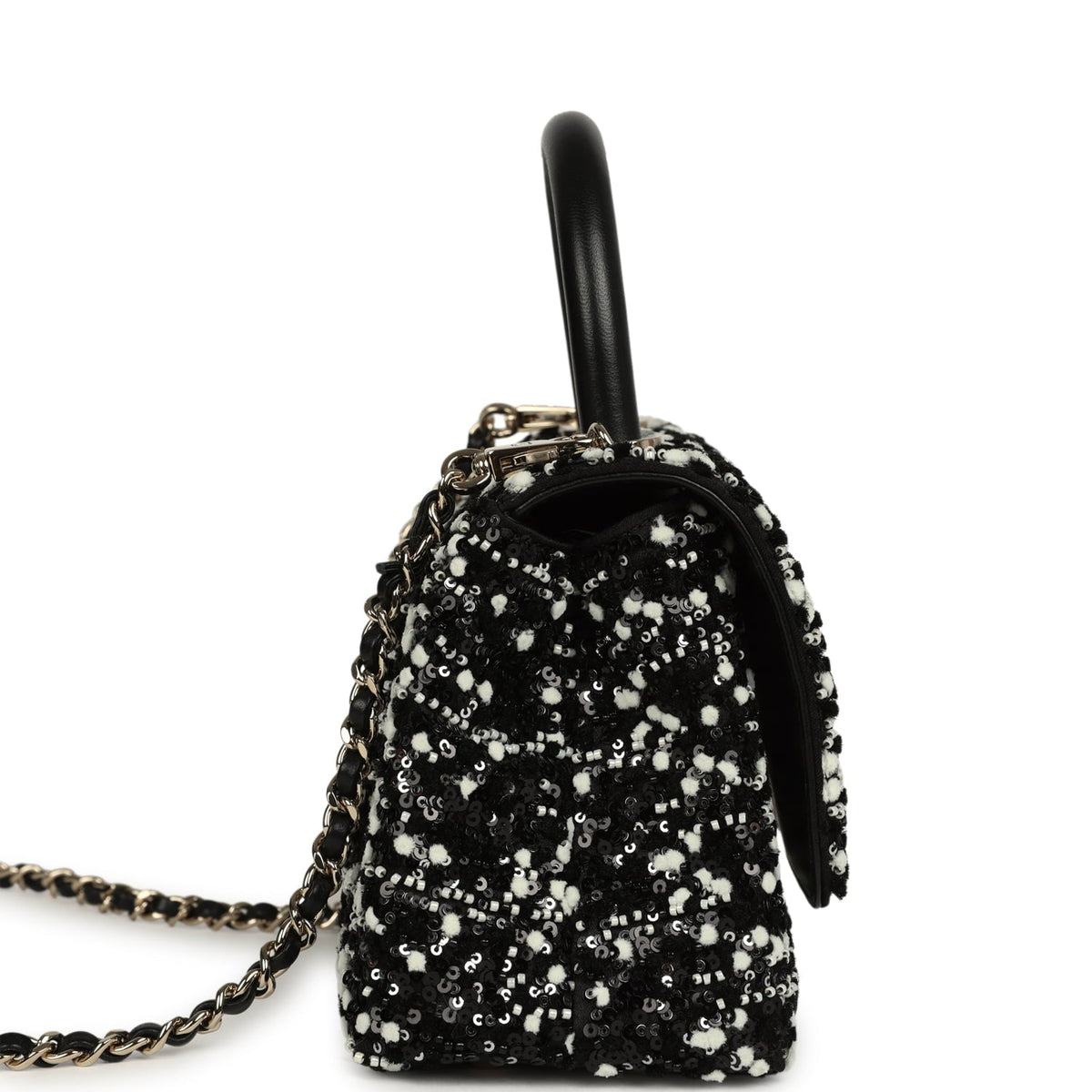 Chanel Mini Coco Handle Flap Bag Black, White Sequin, Beaded Light Gold Hardware