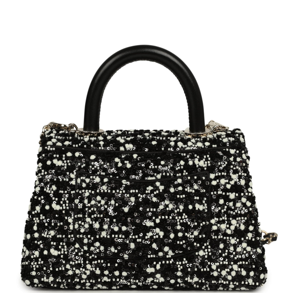 Chanel Mini Coco Handle Flap Bag Black, White Sequin, Beaded Light Gold Hardware