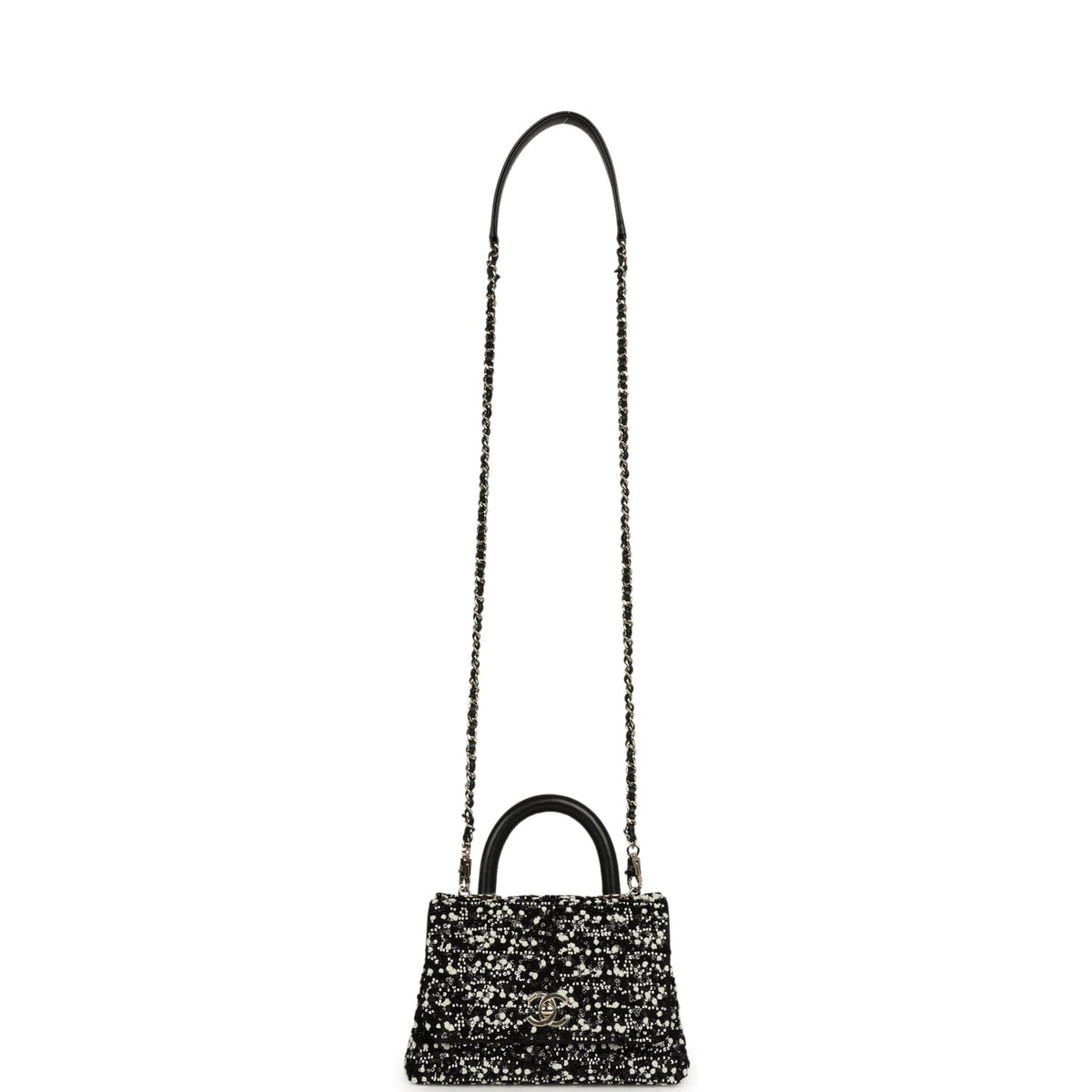 Chanel Mini Coco Handle Flap Bag Black, White Sequin, Beaded Light Gold Hardware