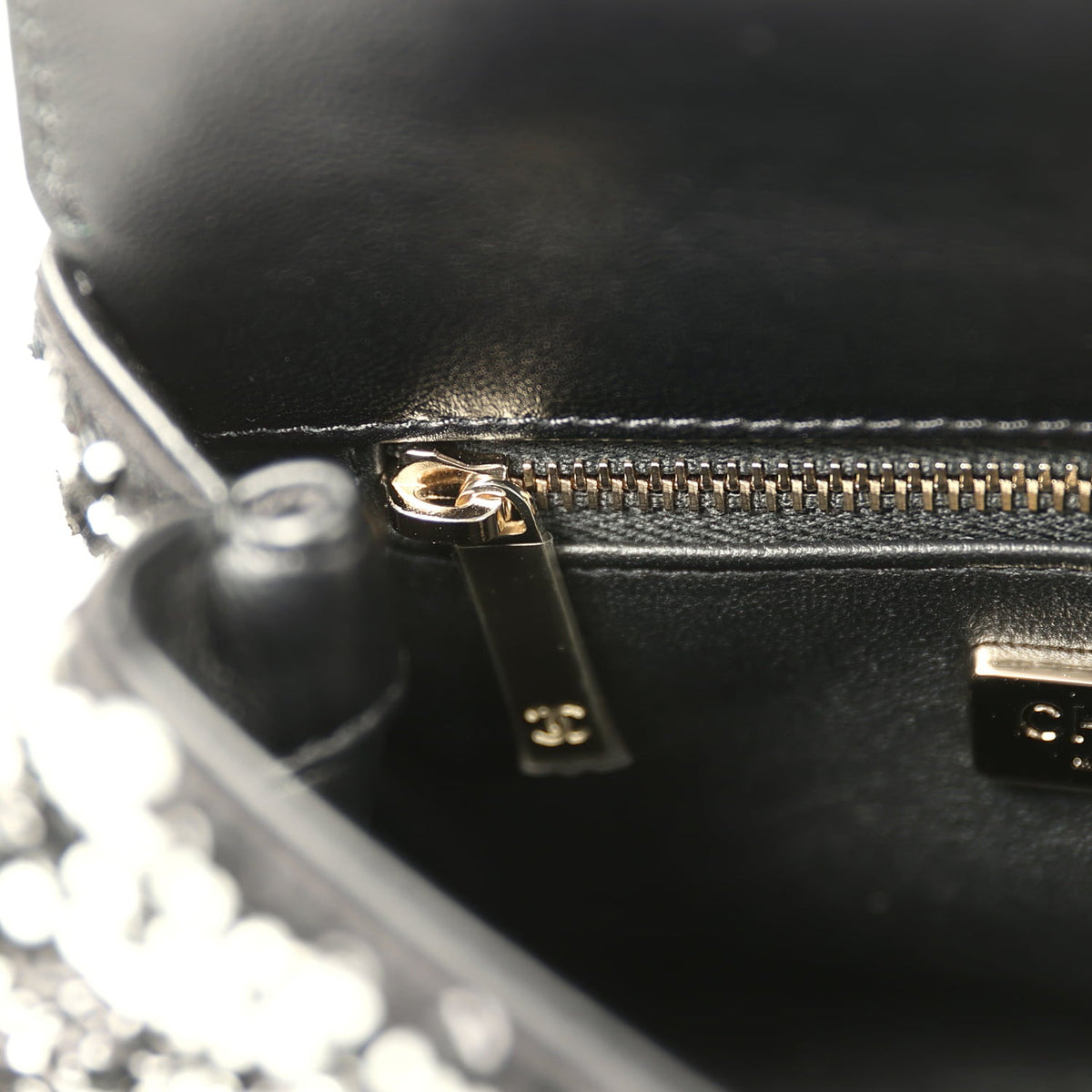 Chanel Mini Coco Handle Flap Bag Black, White Sequin, Beaded Light Gold Hardware