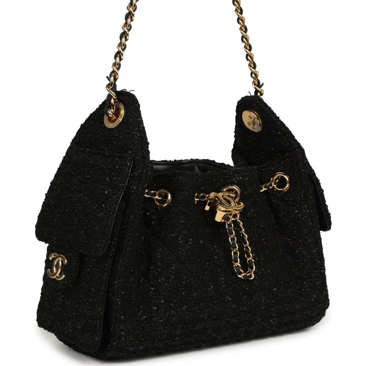 Chanel Mini 25 Hobo Bag Black Tweed Bouclé Gold Hardware