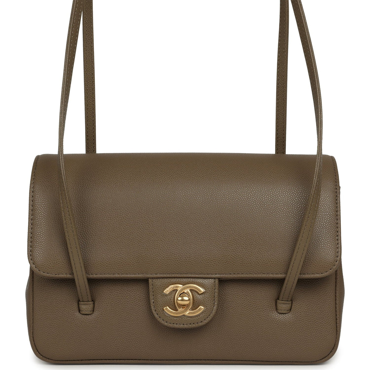 Chanel Small Preppy Coco Flap Bag Dark Khaki Shiny Caviar Brushed Gold Hardware