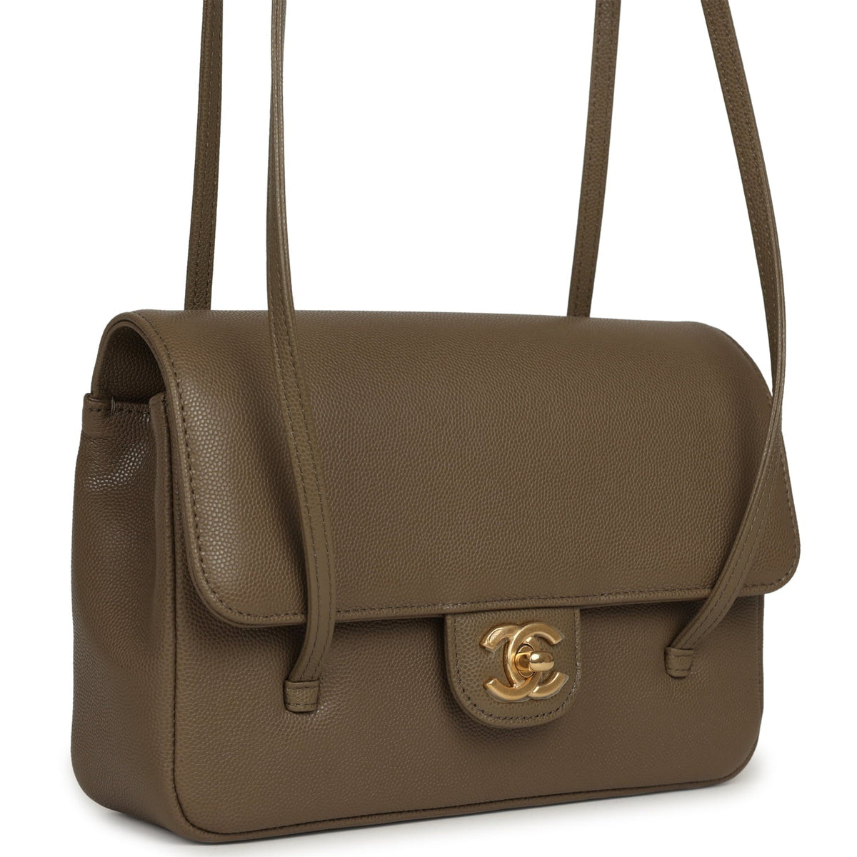 Chanel Small Preppy Coco Flap Bag Dark Khaki Shiny Caviar Brushed Gold Hardware