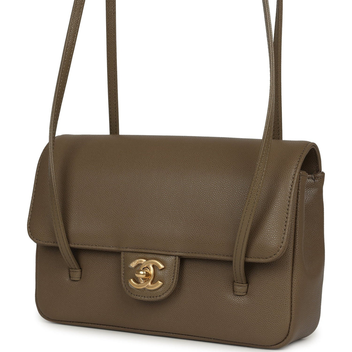 Chanel Small Preppy Coco Flap Bag Dark Khaki Shiny Caviar Brushed Gold Hardware