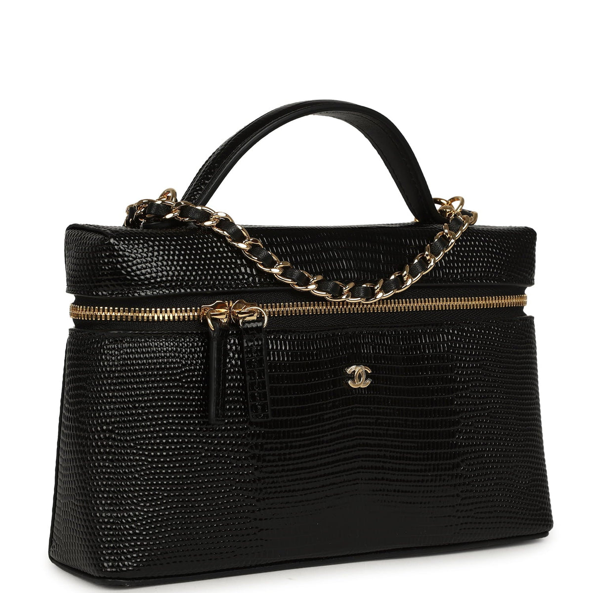 Chanel Top Handle Long Vanity Case with Chain Black Lizard Embossed Calfskin Gold Hardware