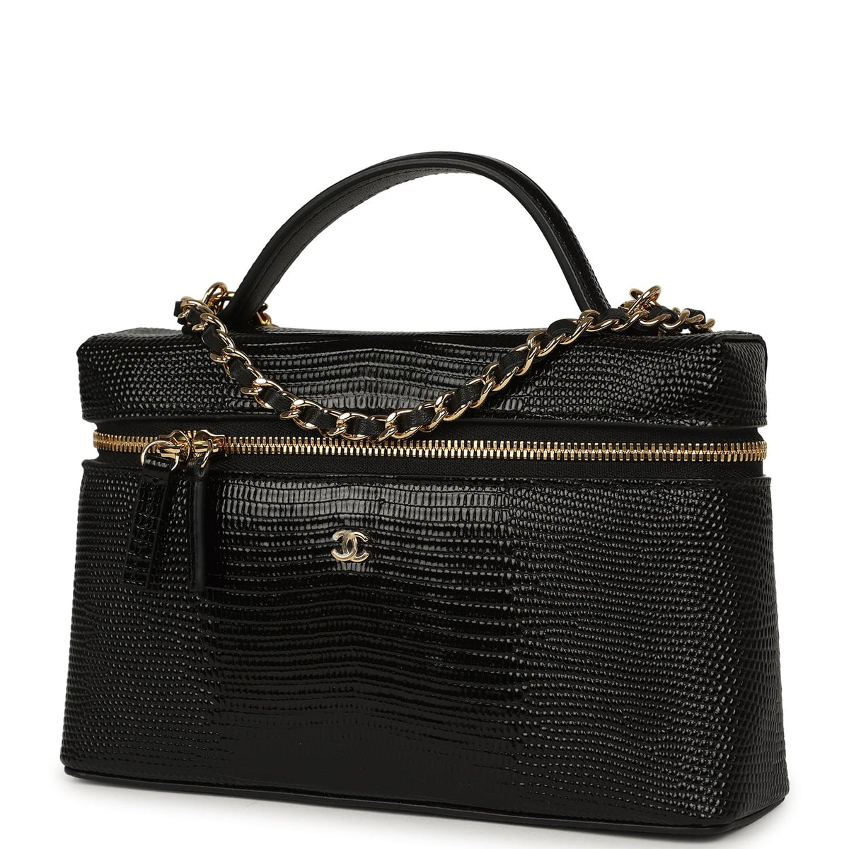 Chanel Top Handle Long Vanity Case with Chain Black Lizard Embossed Calfskin Gold Hardware