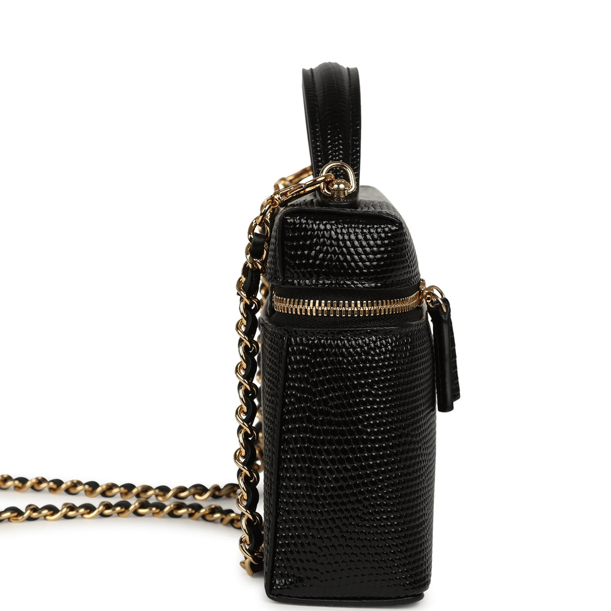 Chanel Top Handle Long Vanity Case with Chain Black Lizard Embossed Calfskin Gold Hardware