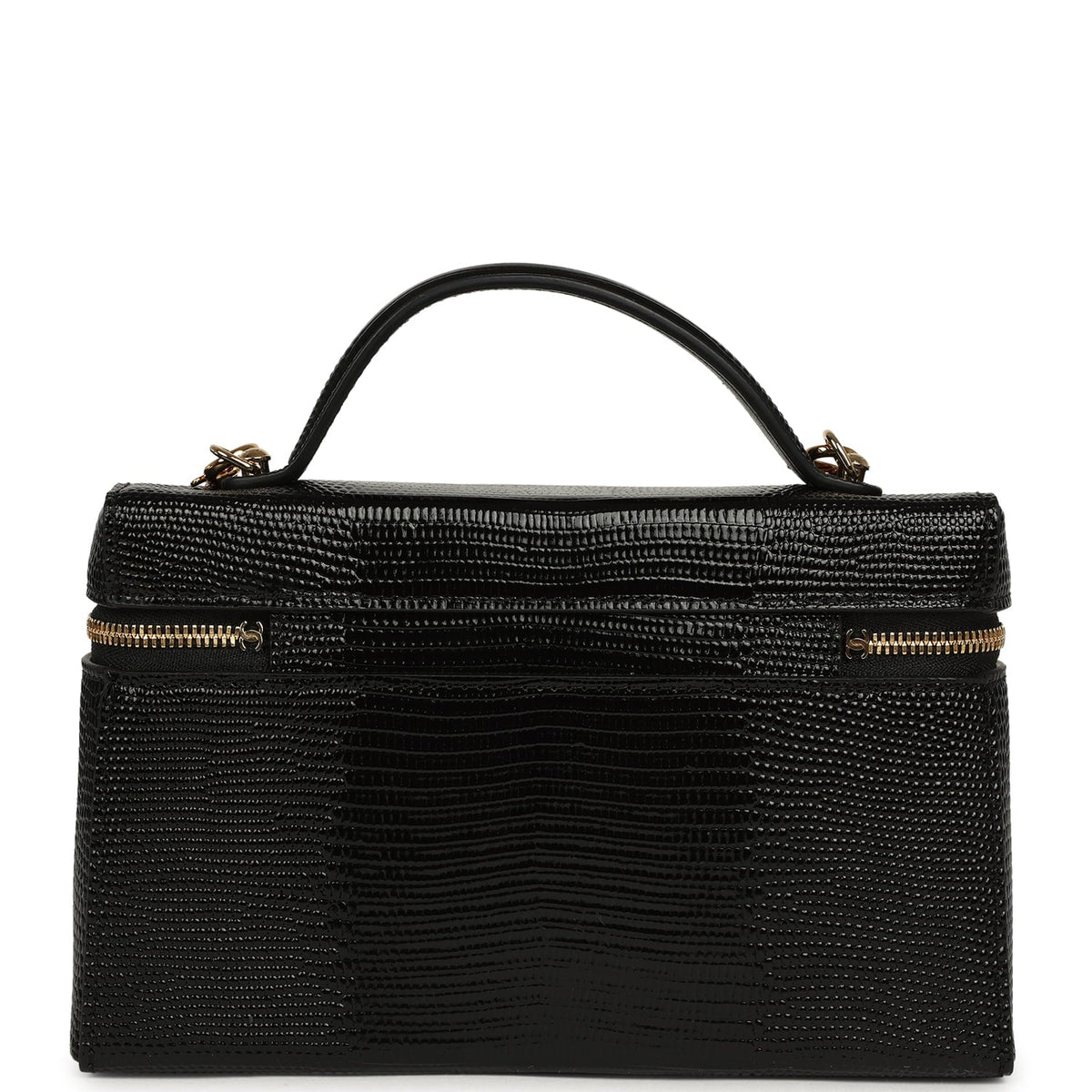 Chanel Top Handle Long Vanity Case with Chain Black Lizard Embossed Calfskin Gold Hardware