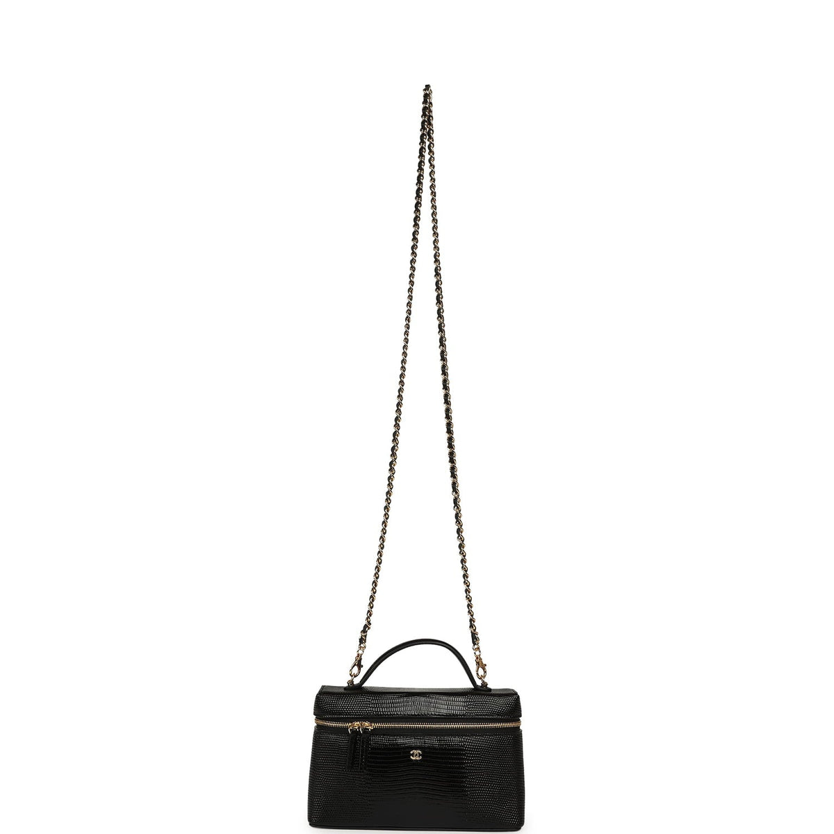 Chanel Top Handle Long Vanity Case with Chain Black Lizard Embossed Calfskin Gold Hardware
