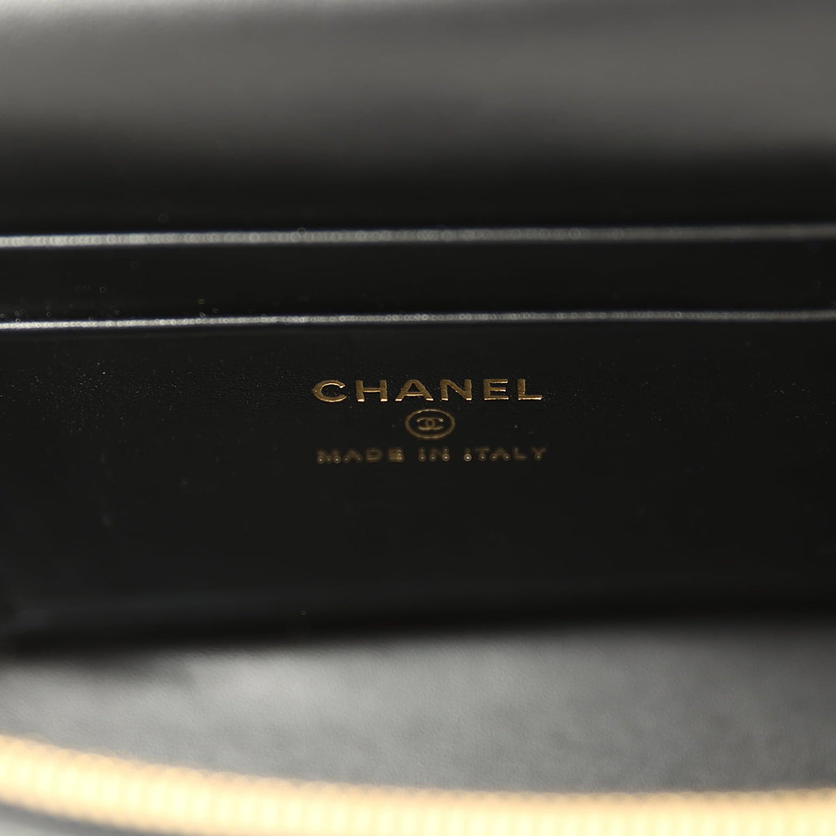 Chanel Top Handle Long Vanity Case with Chain Black Lizard Embossed Calfskin Gold Hardware