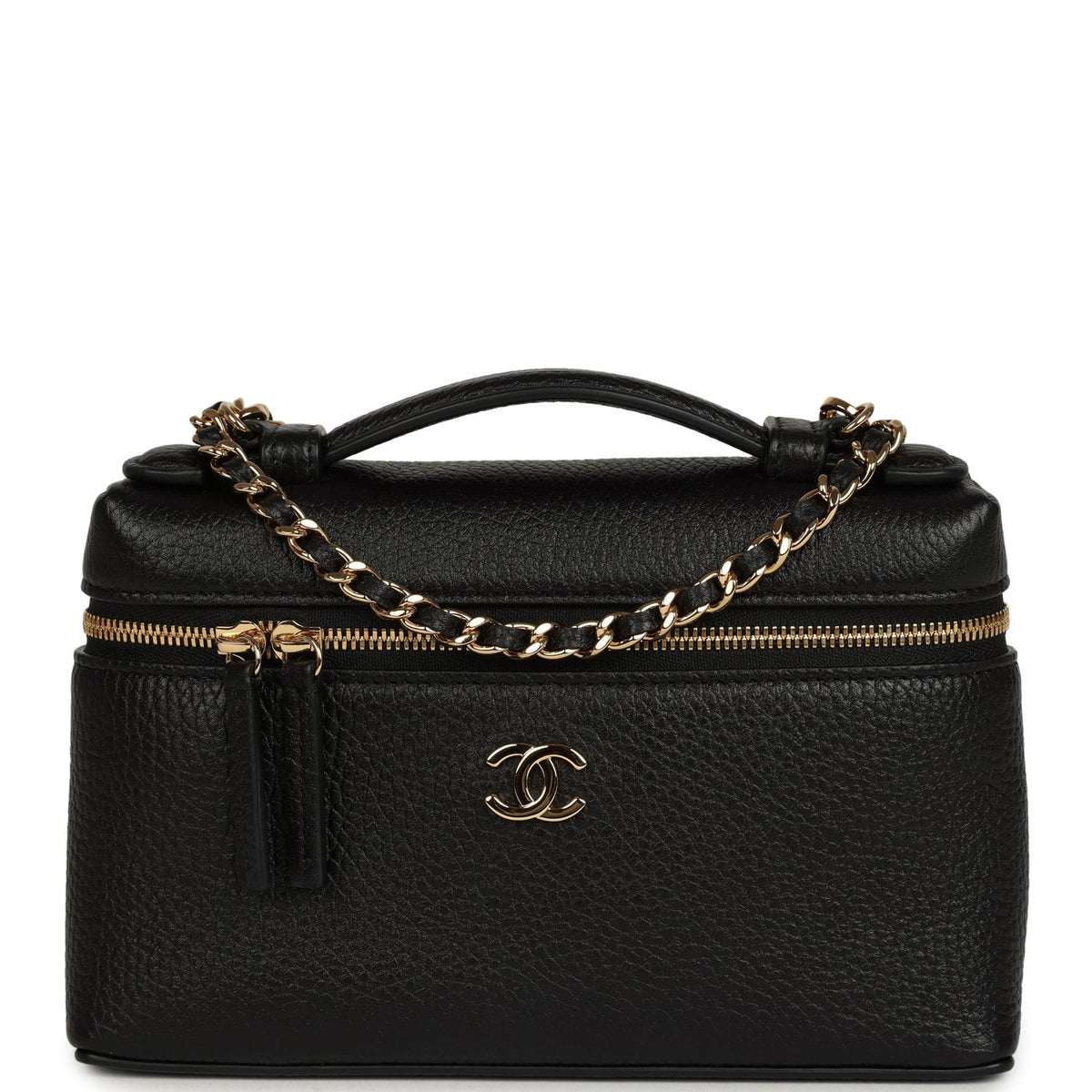 Chanel "Supple" Top Handle Long Vanity Case with Chain Black Grained Calfskin Gold Hardware