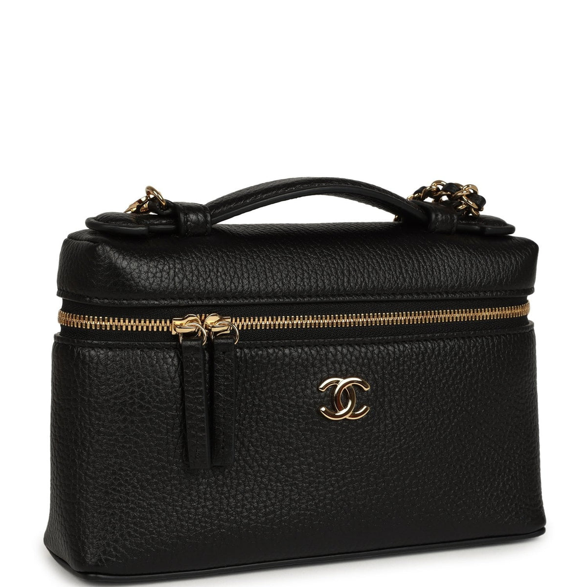 Chanel "Supple" Top Handle Long Vanity Case with Chain Black Grained Calfskin Gold Hardware