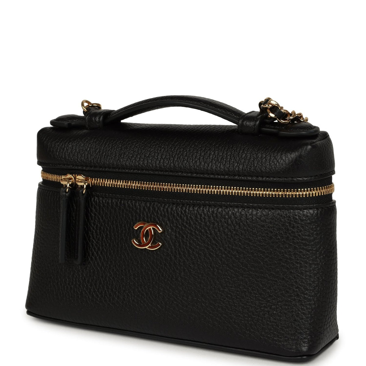Chanel "Supple" Top Handle Long Vanity Case with Chain Black Grained Calfskin Gold Hardware