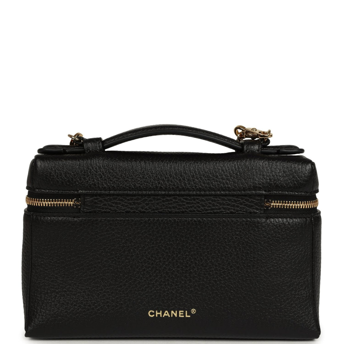 Chanel "Supple" Top Handle Long Vanity Case with Chain Black Grained Calfskin Gold Hardware
