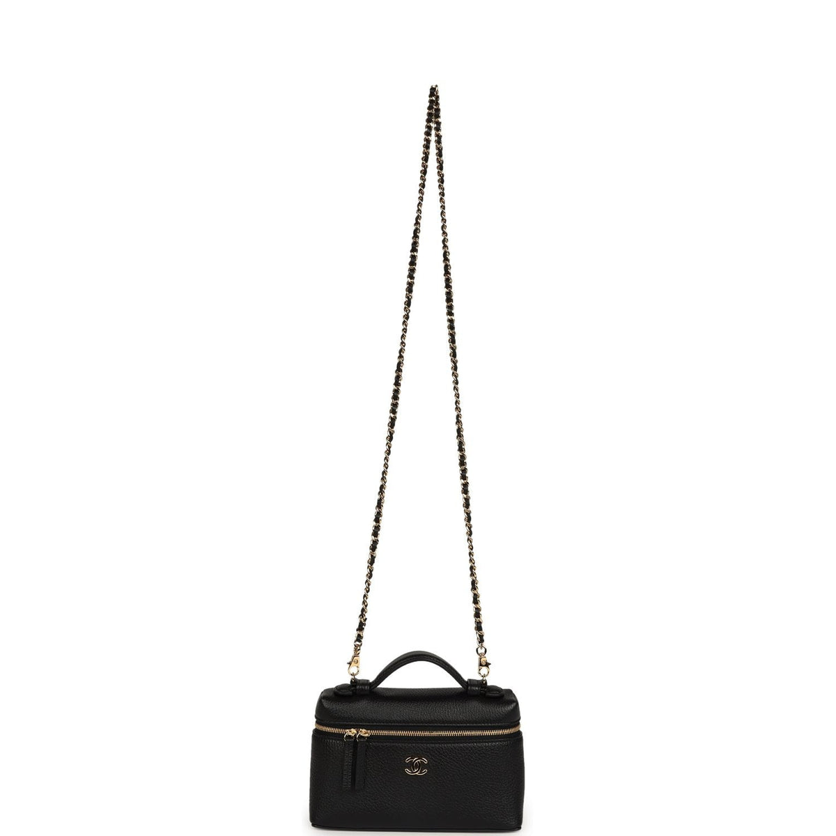 Chanel "Supple" Top Handle Long Vanity Case with Chain Black Grained Calfskin Gold Hardware