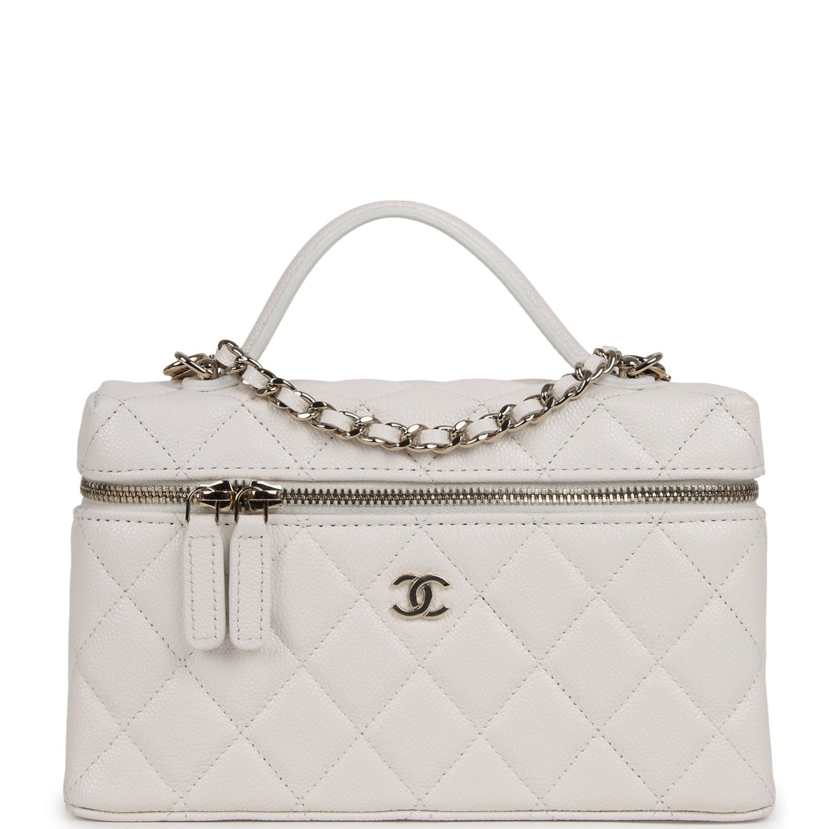 Chanel Top Handle Long Vanity Case with Chain White Shiny Caviar Light Gold Hardware