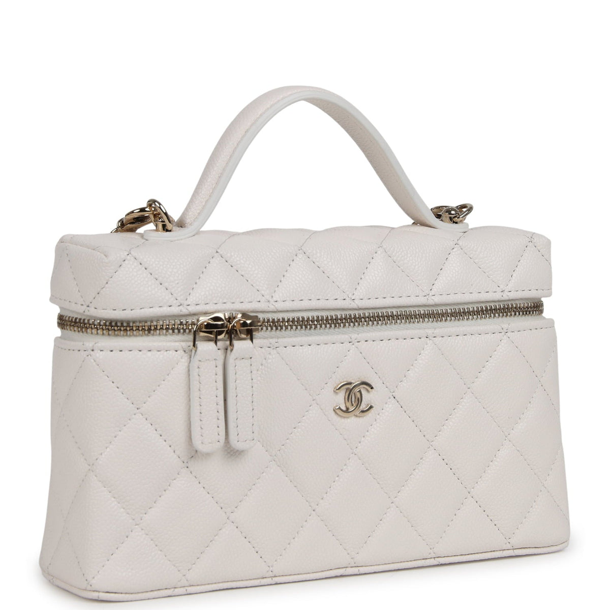 Chanel Top Handle Long Vanity Case with Chain White Shiny Caviar Light Gold Hardware