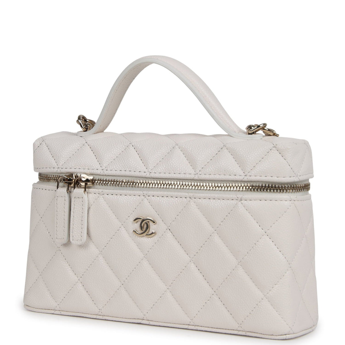 Chanel Top Handle Long Vanity Case with Chain White Shiny Caviar Light Gold Hardware