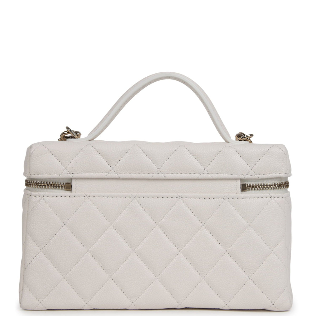 Chanel Top Handle Long Vanity Case with Chain White Shiny Caviar Light Gold Hardware