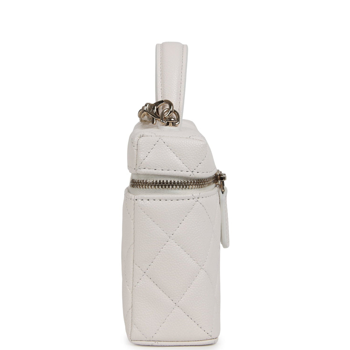 Chanel Top Handle Long Vanity Case with Chain White Shiny Caviar Light Gold Hardware