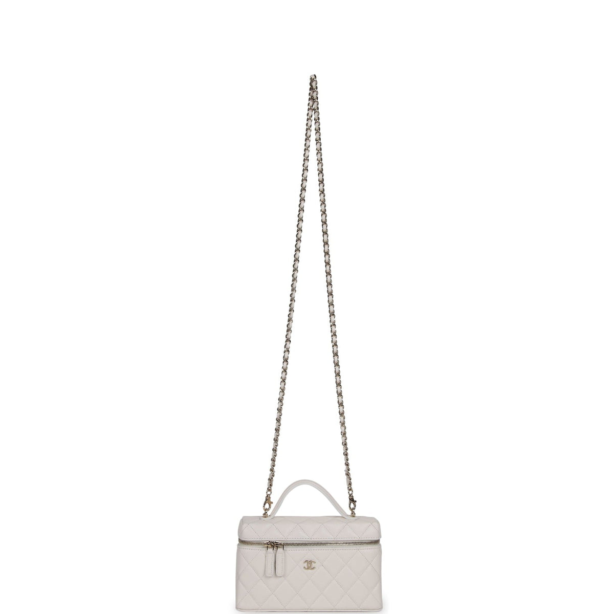 Chanel Top Handle Long Vanity Case with Chain White Shiny Caviar Light Gold Hardware